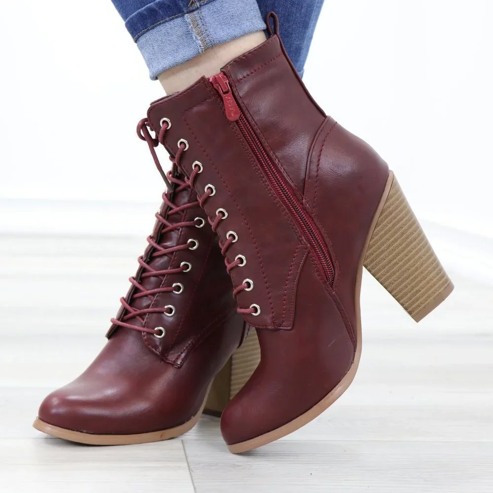 Lace-Up Block Cone High Heeled Ankle Boots Synthetic Leather - Picture 9 of 15